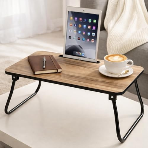 Foldable Laptop Bed Table & Device Slot – Folding Portable TV Tablet Mobile Laptop Sofa Lap Tray Wooden Breakfast Dinner & Work Desk & Floor