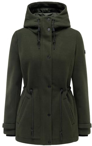 Navahoo Damen Übergangsmantel warmer Kurzmantel in Wollmantel-Optik mit Taillenzugkordeln und Kapuze Lächelstern 14 Dark Olive Gr. S