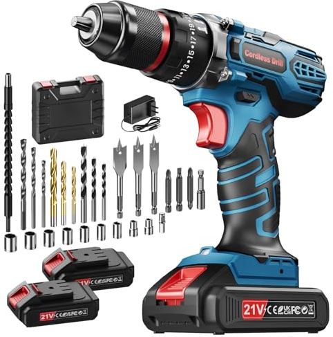 Trapano A Percussione 21V, Trapano Avvitatore Batteria con 2 Batterie 2,0Ah, Avvitatore a Batteria Coppia Massima di 45Nm, 2 Velocità, 25+3 Coppia, 10mm Morsa, Set di Accessori 29 Pezzi con Valigetta