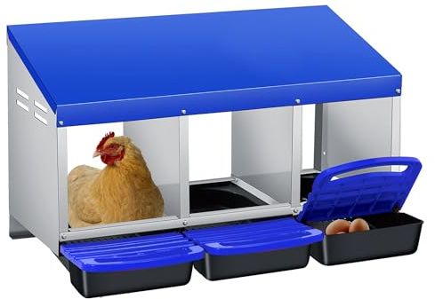 Nichoir à Poule avec 3 Compartiments, Pondoir en Métal Galvanisé, 88 * 44 * 19 cm, avec Trappe Amovible pour Poulailler, Jardin et Élevage de Volailles, Bleu