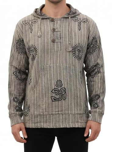 Shopoholic Fashion Herrskjorta i handgjord, stenvattad, boho-stil med huva | Träknappar & framficka, etisk bomullsfestivalskjorta, XL