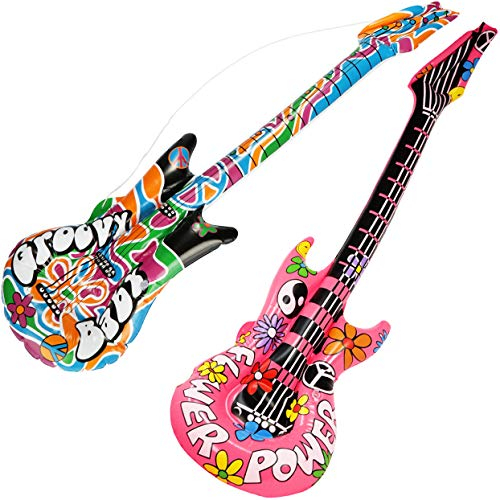 com-four® 2X aufblasbare Gitarren im Hippie-Look als witziges Accessoire - Luftgitarre perfekt zu Fasching, Karneval oder Halloween - Größe: ca.1 Meter [Auswahl variiert] (Luftgitarre - 2 Stück)