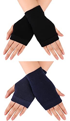 Blulu 2 Pair Fingerless Gloves Wrist Soft Knitted Flexible Typing Driving Gloves for Women Men in Common Size(Black, Navy,One Size)