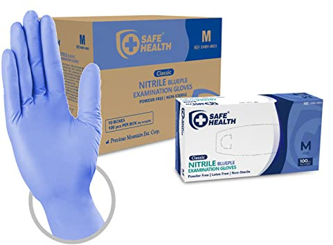 Safe Health Gants Jetables d'examen en Nitrile Taille M Bleu, Lot de 1000 gants, Sans poudre Sans latex Hypoallergéniques, Soins médicaux Aliments, 3,5 Mil