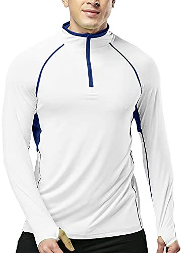 Muscle Alive Men's Quarter Zip Running Active T Shirts Workout Long Sleeve Jersey with Thumb Holes Polyester and Spandex White M