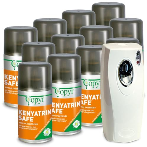 Copyr Kenyatrin Safe e Copyrmatic Evolution Night & Day - Insetticida Antizanzare, Mosche e Insetti Volanti, 12 Bombole 250ml + Erogatore Automatico, Piretro Insetticida Biologico e Repellente Zanzare