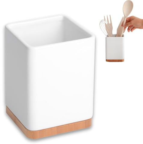 KOOK TIME Ceramic Utensil Holder with Bamboo Base | Square Kitchen Utensil Pot for Ladles, Spatulas and Cutlery | Shiny White, 10.5 x 10.5 x 15 cm