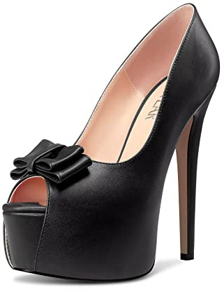 HEUIVZAR Donna Piattaforma Spillo Alto High Tacco Heel Aperte sulla Punta Pumps Slip-on Nodo Fiocco da Matrimonio Feste Dress 15 CM Heels Nero 43 EU