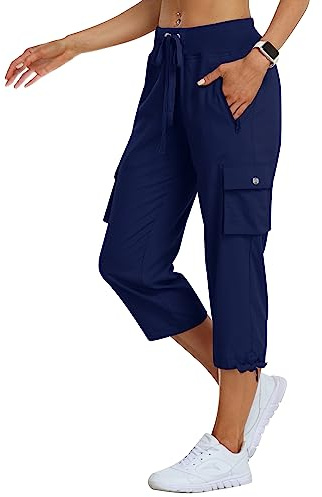 MoFiz Pantalon Cargo de Randonnée Femme Pantacourt d'été 3/4 Long Léger Capri Pantalon d'extérieur Respirant avec Poche Zippée Bleu Marine XL