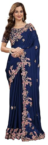 TRENDMALLS Women's Rangoli Silk Heavy Embroidred Saree with Unstitch Blouse Piece (K954-Blue)