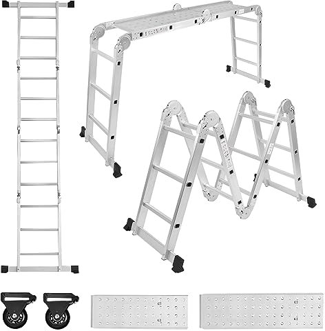 SUBTLETY Escalera multiusos 6 en 1 de 340 cm, de aluminio, con andamios, incluye escalera plegable, 2 plataformas de trabajo extraíbles y 2 ruedas para casa, taller, jardín (4 x 3 peldaños)