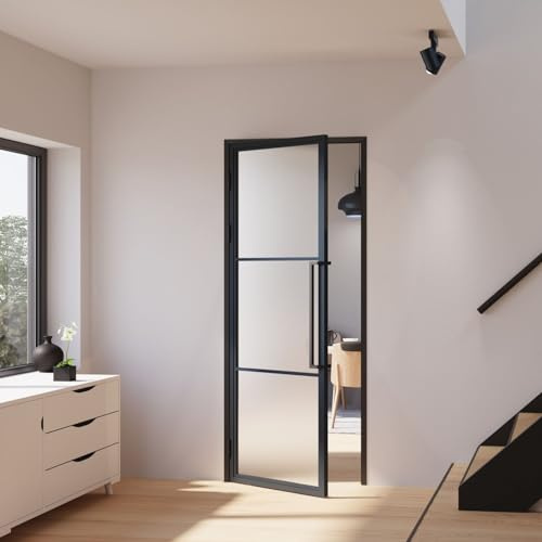 Schulte porte intérieure loft en verre, 90x215cm, bloc-porte vitré, atelier, noir mat, verre satiné, verrière, 3 vitrages, tirant gauche