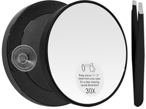 JIADEXIN 30X Magnifying Mirror Set with Suction Cup & Tweezers Glass Small Round Mirror Portable Travel Compact Mirror for Make Up, Blackhead Blemish Removal, Eyebrow Tweezing (3.5 Inch, Black)