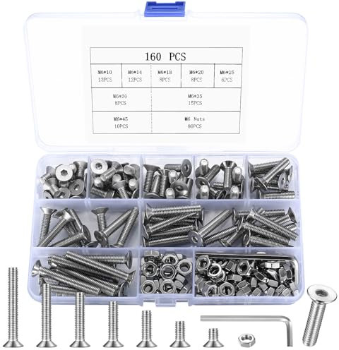 160 Stück M6 Schrauben Set, Senkkopfschrauben Muttern Set, Innensechskantschrauben, Edelstahl Maschinenschrauben Sortiment, Zylinderschrauben mit Muttern Kit, Gewindeschrauben