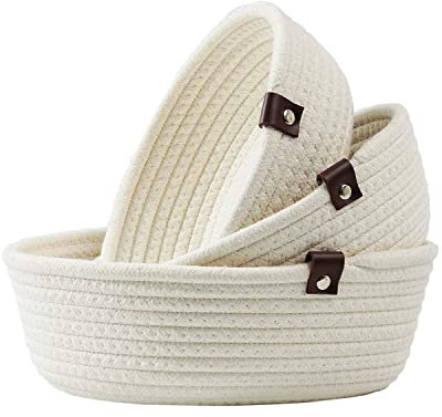 Set of 3 Cotton Rope Storage Baskets - Small White Organizers for Bathroom, Nursery & Home, Handmade Woven (White)