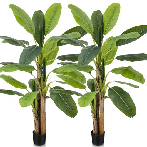 Jexine 2 Pack 6 Ft Artificial Banana Tree with Pot Faux Banana Plants Tall Faux Floor Leaf Plant with 3 Trunks and 19 Large Leaves for Indoor Home Office Decor Housewarming Gift