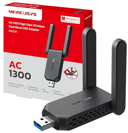 Mercusys MA32H Adaptador USB Wi-Fi de Alta Ganancia AC1300 de Doble Banda (5 GHz y 2,4 GHz), con Antenas externas, Compatible con Windows 10 y 11, Seguridad WPA3, USB 3.0