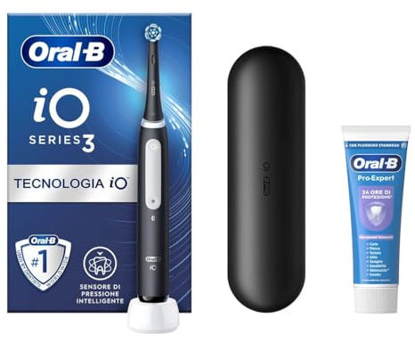 Oral-B Spazzolino Elettrico Ricaricabile iO 3 Nero, 1 Spazzolino Elettrico, 1 Testina Di Ricambio, Custodia Da Viaggio + Dentifricio Oral-B Pro-Expert Sbiancante Delicato, Pulizia Denti