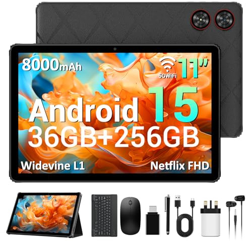 AXETOP 11 inch Tablet with Case, Android 15 Tablet, 36GB RAM+256GB ROM, Octa-Core, FHD Display, 5G WiFi丨13MP + 8MP丨Widevine L1丨8000mAh丨BT5.0, 2 in 1 Tablets with Keyboard, Mouse, Stylus - Black
