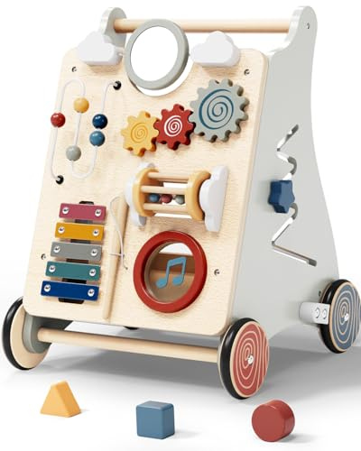 Detachable Baby Walker for Toddlers 1 Year Old Wooden Montessori Busy Board Adjustable Speed Push & Pull Walker Activity Learning to Walk Center Toy for Boys Girls 10 Months+ Baby Toys Birthday Gifts