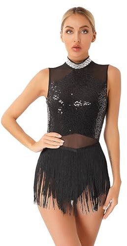 MSemis Vestido de Baile Latino Mujer Performance Maillot con Flecos Y Lentejuelas Vestido Patinaje Artistico sin Mangas Maillot Baile de Salón Tango Rumba Cha-Cha Negro M