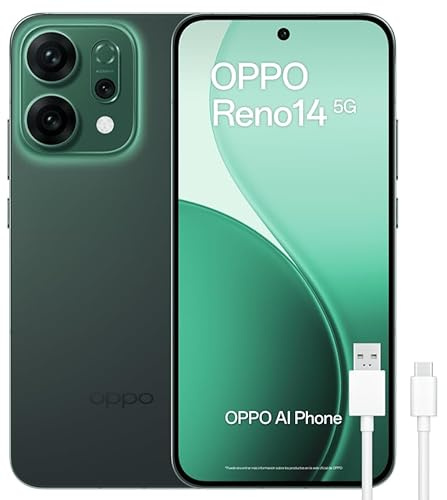 OPPO Reno14 5G – Smartphone Libre con IA, 12GB RAM + 256GB, Cámara Triple 50MP, Batería 6000mAh, Carga Rápida 80W, Pantalla AMOLED 120Hz, IP69, Dual SIM, Android, Versión Española - Luminous Green