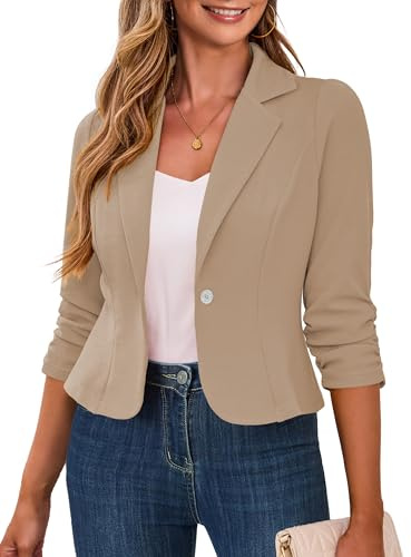 Traleubie Blazers for Women Business Casual Cropped Lightweight Button Up Lapel Jacket Work Office Wear Khaki S