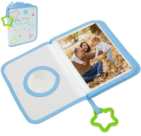 Álbum de fotos para bebé, 17 fotos de 6,5 x 4,5 cm, libro de recuerdos de bebé con colgante, espejo mordedor, tela suave, primer álbum familiar para niños, regalos de cumpleaños para familias recién