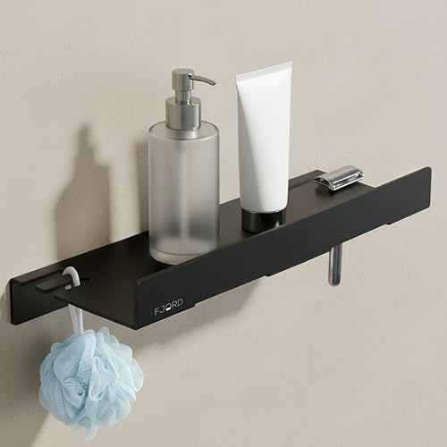 FJORD Flow Premium Duschablage ohne Bohren [Matt Schwarz] – Design Duschregal mit integriertem Rasiererhalter – Rostfreies Aluminium – Selbstklebend mit Hybrid-Haftsystem – Modernes Badzubehör