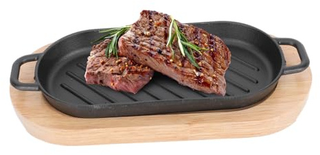 Uonlytech Plaque de Cuisson Fonte avec Planche Bois Poêle à Rôtir et Saisir Style Teppanyaki pour Steak Poisson et Barbecue Adaptée Gaz et Induction Set Compact pour Repas Conviviaux