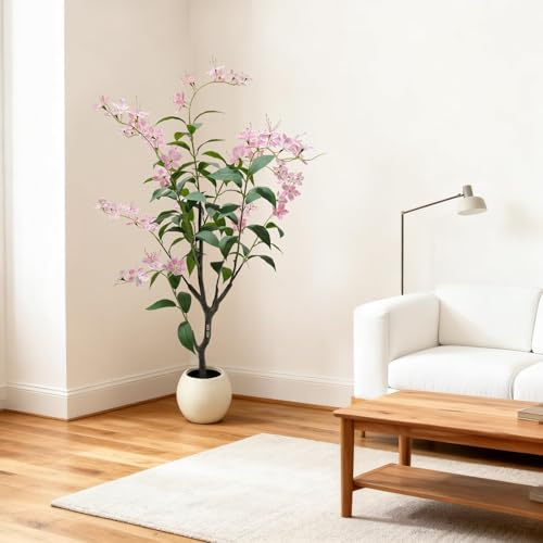 Konstgjord växt jasminträd 150 cm, konstträd med realistiska blad och rosa blommor i vit kruka, krukväxt växt konstträd jasminträd inomhusväxt för bröllop, fest, trädgård, BüRo-dekoration