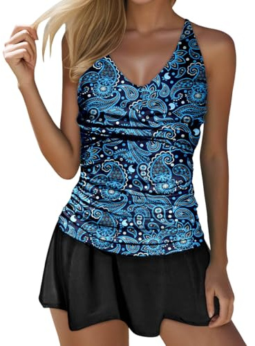 YOSUWOAI Tankini Mujer Traje de Baño de Dos Piezas Traje de Baño Push Up Tank Top con Baderock Deporte Bañadores Vacaciones Playa Traje de Baño, O Sky Blue, M