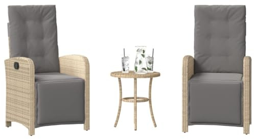 Kaloriko Ensemble de bistrot 3 pièces avec coussins, mélange de polyrotin, fauteuils de relaxation réglables, résistants aux UV, pour jardin, balcon, terrasse, meubles d'extérieur