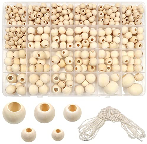 TOAOB 406 Stück Natürliche Runde Holzperlen Set 8mm bis 20mm Gemischte Größe Zwischenperlen mit 5m Baumwollseil für DIY Schmuck Herstellung