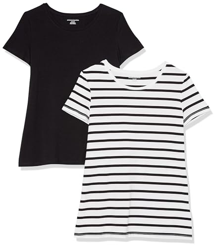 Amazon Essentials Women's Regular-Fit Short-Sleeve T-Shirt (V-Neck or Crewneck), Cotton Modal Blend, Pack of 2, White Mariner Stripe/Black, Large