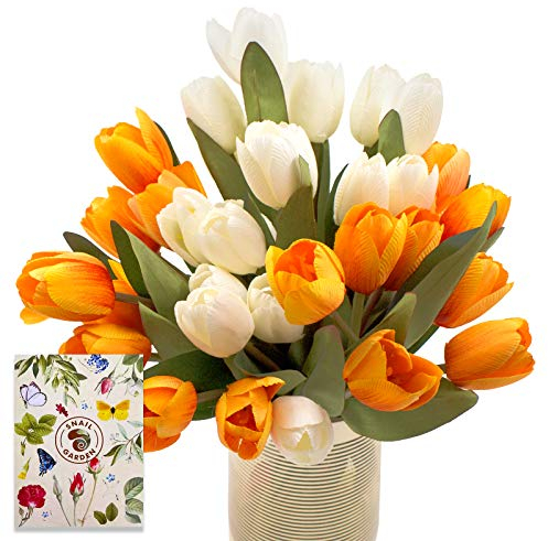 SNAIL GARDEN Fleurs de Tulipes artificielles, 4 Bouquets de Tulipes artificielles avec Carte de voeux, Meilleure déco pour la Maison, Le Bureau, la fête et la décoration de Mariage (Jaune/Blanc)