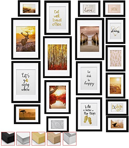 bomoe 18pcs Black Picture Frames 6x4 (6x), 7x5 (4x), 9x7 (4x), 12x8 (4x) - Hanging Wooden Photo Frame Wall Collage Set with Passepartout