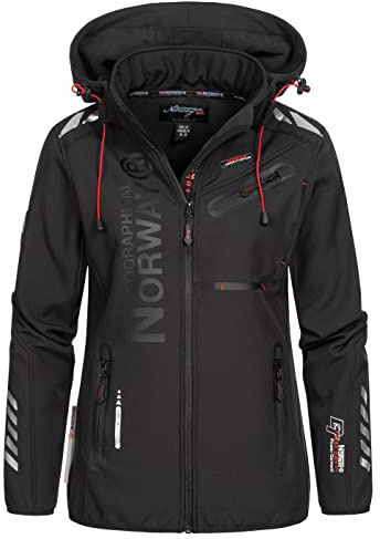 Geographical Norway REINE LADY - Chaqueta Softshell Impermeable Mujer - Chaqueta Capucha Exteriores - Chaqueta Cortavientos Invierno - Actividades Senderismo Aire Libre (Negro L) Talla 3