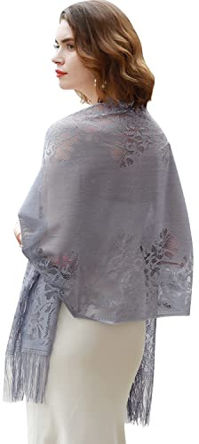 RIIQIICHY Chale Femme Fête Etole Mariage Bal Floral Dentelle Mesh Gris Echarpes et Foulards avec Frange