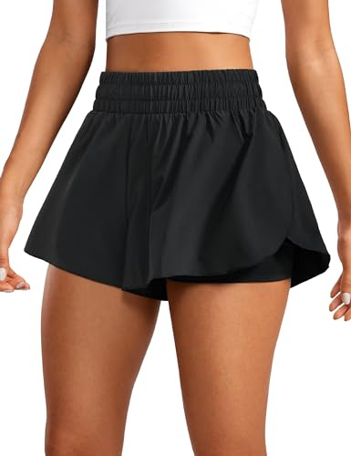 CRZ YOGA Women's 2 in 1 Flowy Running Shorts High Waisted Quick Dry Sport Gym Biker Shorts Athletic Tennis Skirts with Pockets Black 10