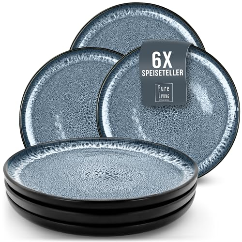 Assiettes Service de Table: Ensemble de 6 grandes assiettes en grès Ibiza - élégantes, compatibles lave-vaisselle et micro-ondes - Service vaisselle 6 personnes, Pure Living bleu fumé