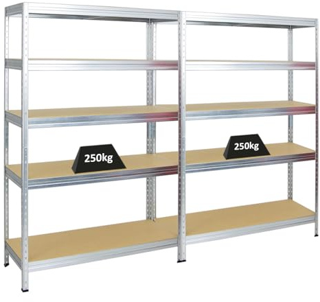 PROREGAL Mega Deal 2X Étagère Charge Lourde Rivet | HxLxP 180x120x45cm | 250kg par Niveau | Galvanisé | Lot d'étagères Robustes de Garage, Atelier, Cave, sous-Sol, Stockage, Rangement, Rayonnage