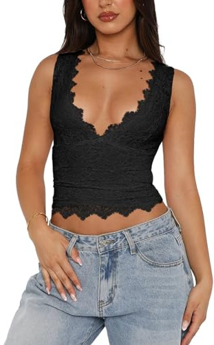 REORIA Womens Summer Tops Sexy V-Neck Sleeveless Double Lined Fashion Going Out Y2K Tank Tops Trendy Lace Slimming Crop Tops for Teen Girls Black Large