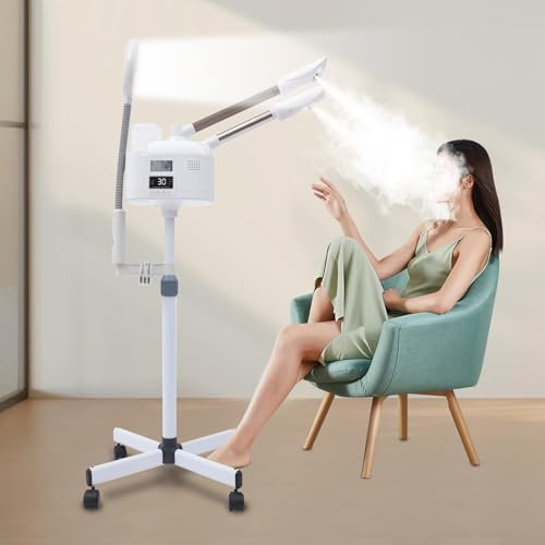 Vapozone Estetica Professionale 3 in 1 Vapore Viso con Luce LED e Lente d'ingrandimento Altezza Regolabile Modalità Calda e Fredda Ugello Girevole 360°, Per Salone di Bellezza