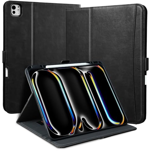 Zinibri Handgemacht Hülle für iPad Pro 13 Zoll M5/M4 (2025/2024) mit Stifthalter Handschlaufe Tasche,Auto Schlaf/Wach,Magnetverschluss,Multi Winkle Stand,PU Leder Schutzhülle Case Cover,Schwarz