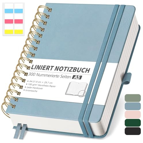 RETTACY Anteckningsbok i A5-linjerad, bullet journal med 100 g/m² tjockt papper, 150 ark/300 numrerade sidor, collegeblock för kontor och skola, läderfodral, grå-blå, 14,8 cm x 21 cm