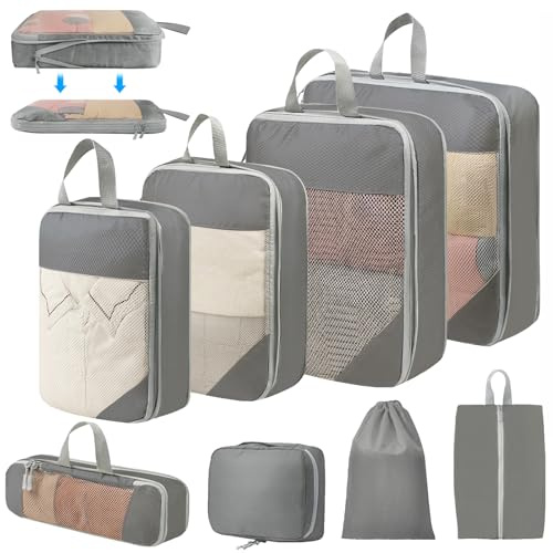 8 Sets Compresión Organizador Maleta, Ultraligero Extensible Bolsas Organizadoras Viaje, Organizador Maleta Viaje para Cosméticos, Ropa, Zapatos, Almacenamiento en Casa (Gris)