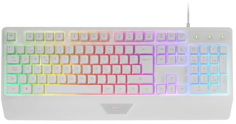 Mars Gaming MK124, Idioma Español, Teclado Ergonómico H-Mech Completo, Reposamuñecas Integrado, Iluminación FRGB Rainbow, Gaming Antighosting, Multiplataforma, Blanco