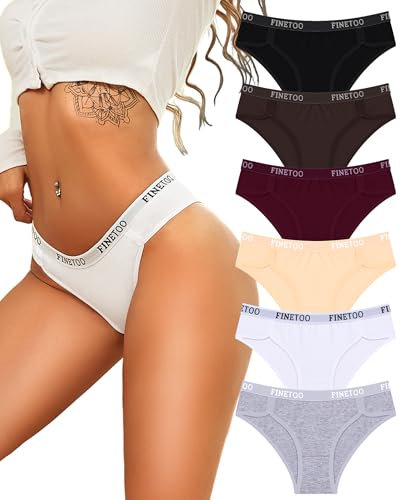 FINETOO Unterhosen Damen Baumwolle Slips Atmungsaktive Unterwäsche Sportunterwäsche Weich Sexy Hipster Frauen Logo-Bund-Sport-Slip 6er Pack Bikini Mehrpack-M