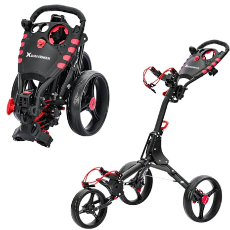 XDriveMax GC408 - Chariot de golf pliable à 3 roues - Léger - Pour clubs de golf et sac de golf - Avec porte-gobelet, porte-carte de score et compartiment de rangement - Rouge